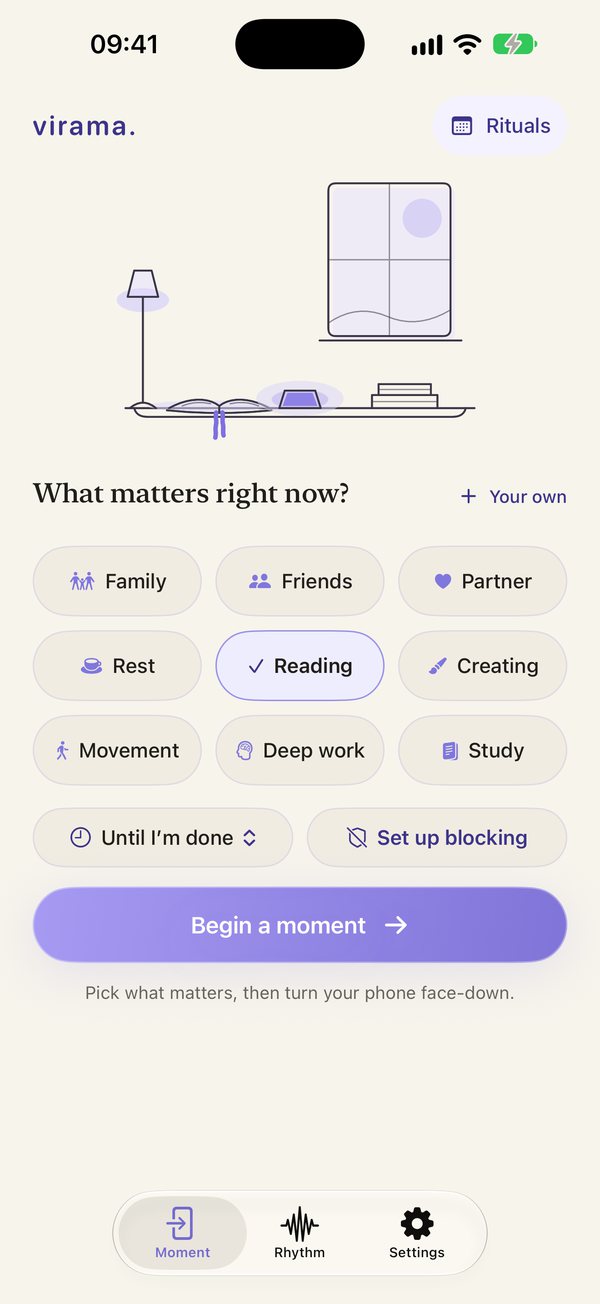 Virama’s Home screen: a line drawing of a reading lamp and an open book, intentions including Family, Rest and Reading, and a Begin a moment button